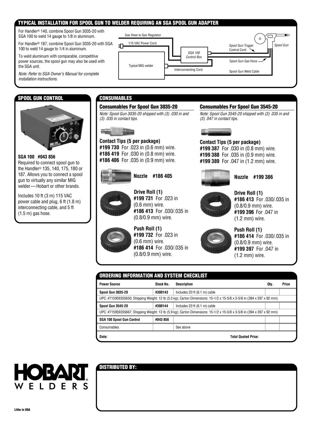 Hobart Welding Products 3035-20 Spool GUN Control, Consumables, Ordering Information and System Checklist, Distributed by 