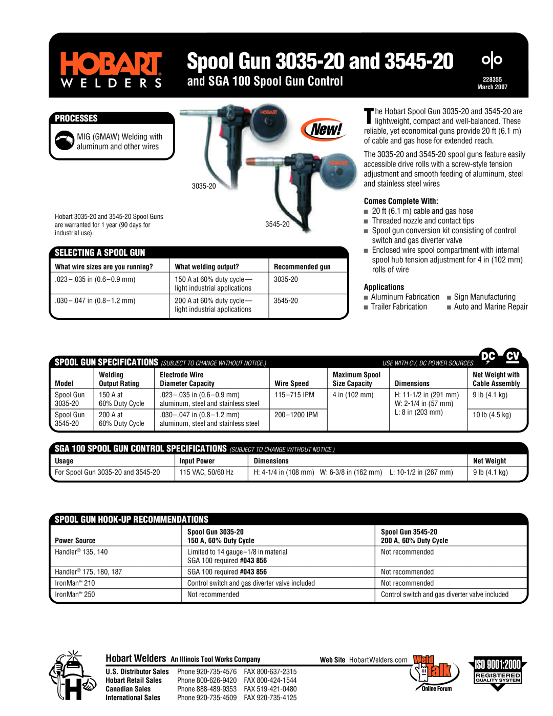 Hobart Welding Products 3545-20 specifications Processes, Selecting A Spool Gun, Spool Gun Hook-Up Recommendations 