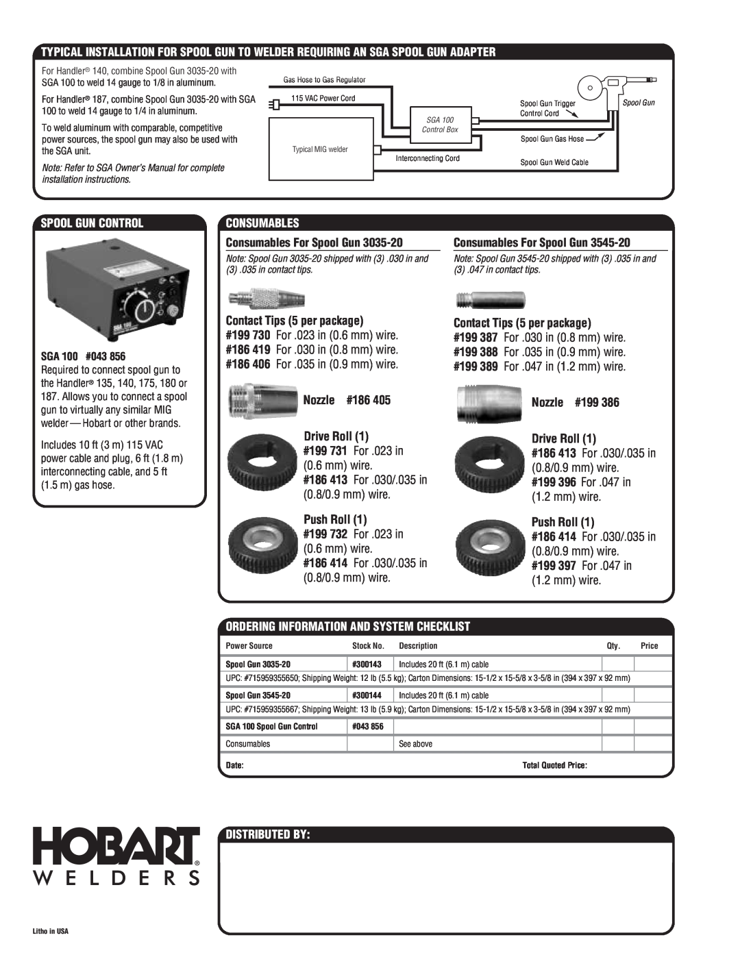Hobart Welding Products 3035-20 Spool Gun Control, Consumables, Ordering Information And System Checklist, Distributed By 