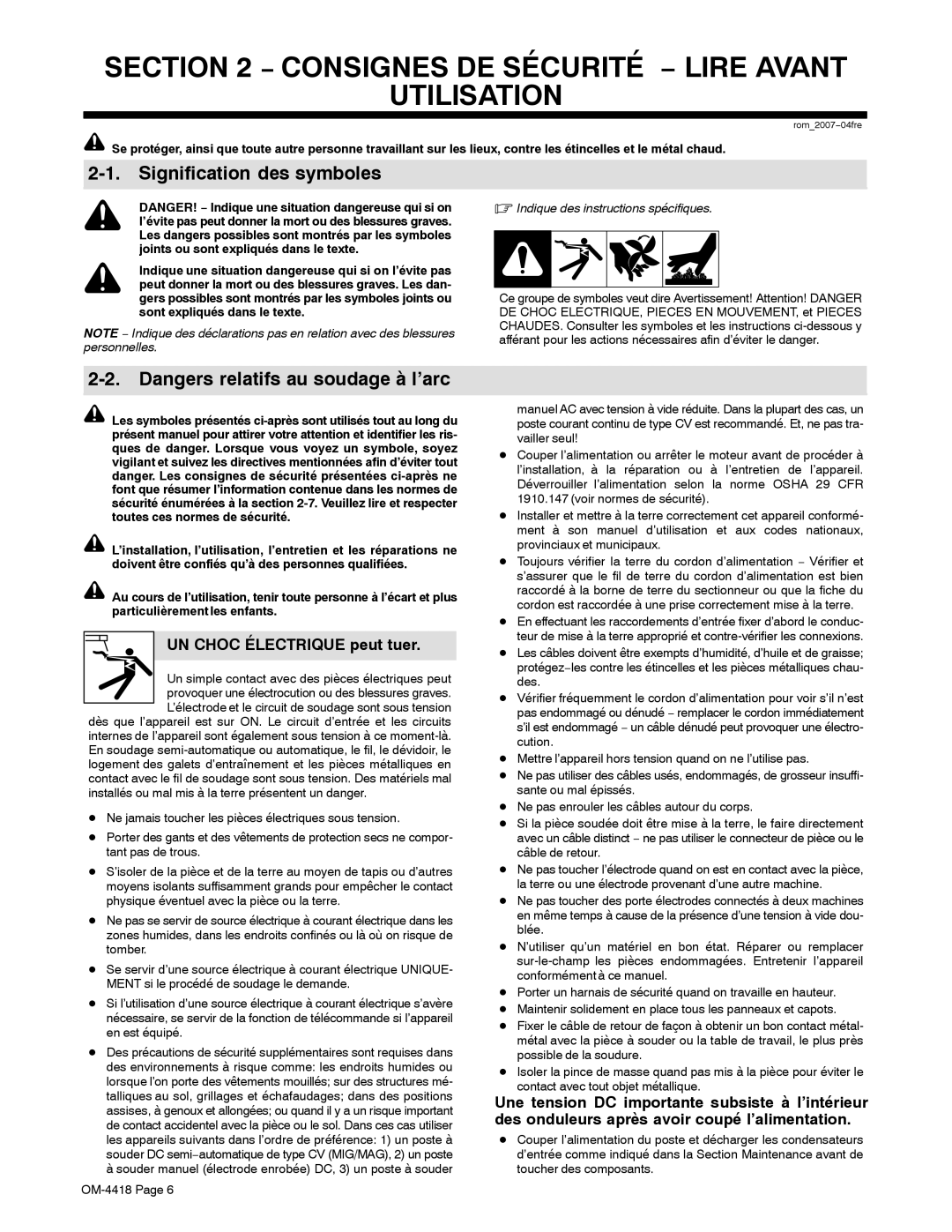 Hobart Welding Products 4500 manual Consignes DE Sécurité − Lire Avant Utilisation, Signification des symboles 