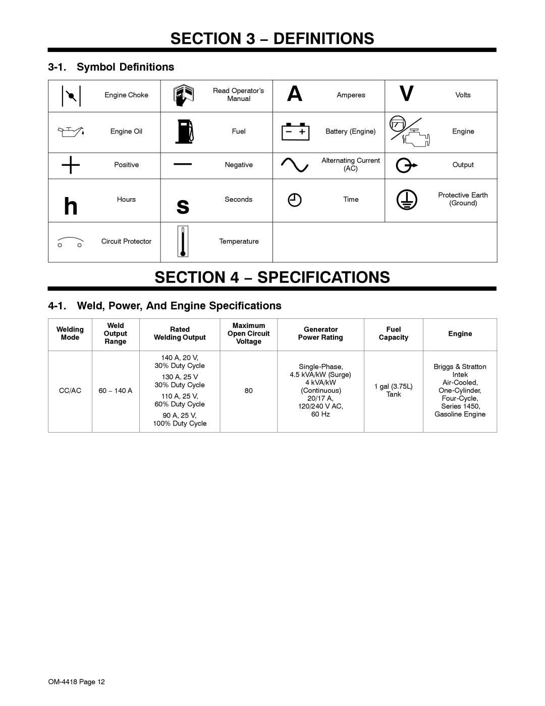 Hobart Welding Products 4500 manual Symbol Definitions, Weld, Power, And Engine Specifications 