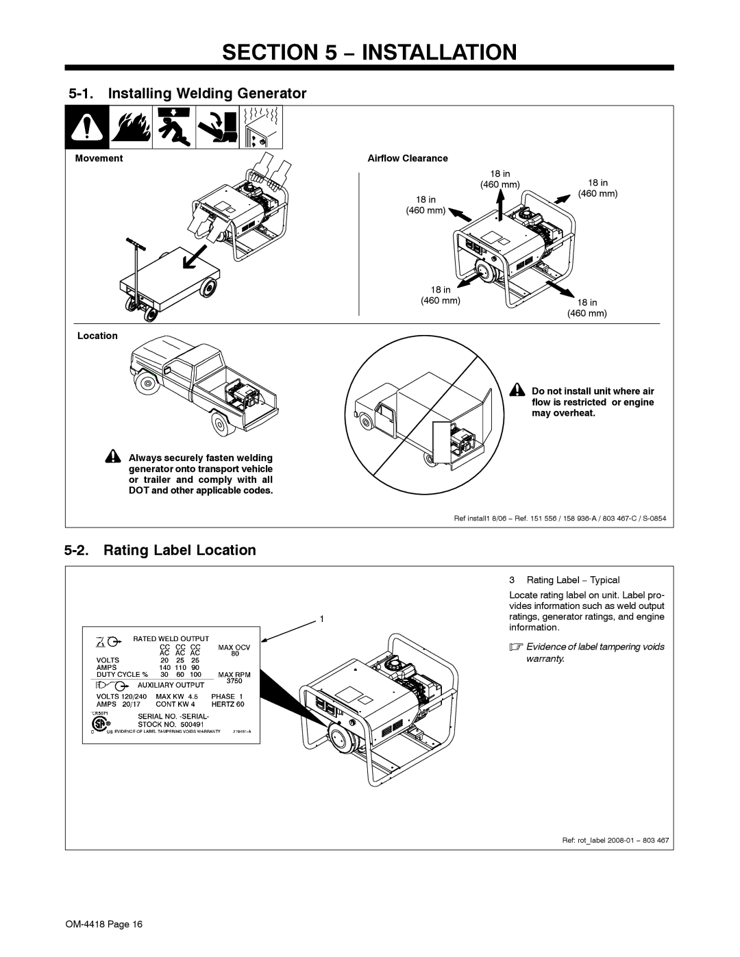 Hobart Welding Products 4500 manual Installation, Installing Welding Generator, Rating Label Location, Movement 