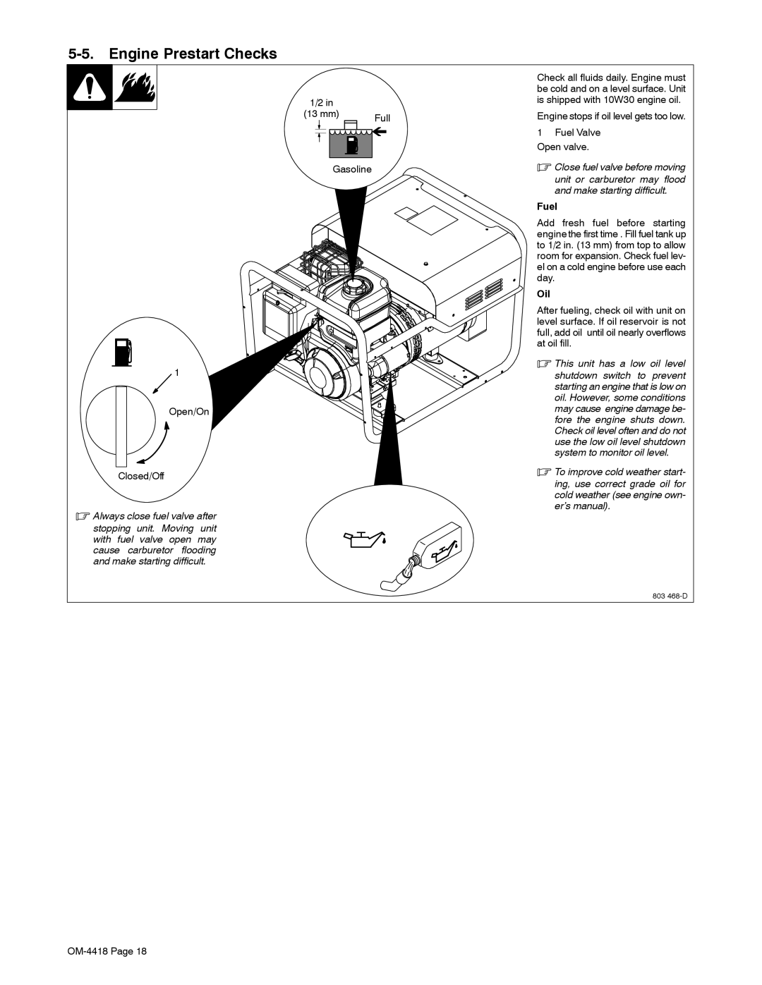 Hobart Welding Products 4500 manual Engine Prestart Checks, mm Full Gasoline Open/On Closed/Off, Oil 