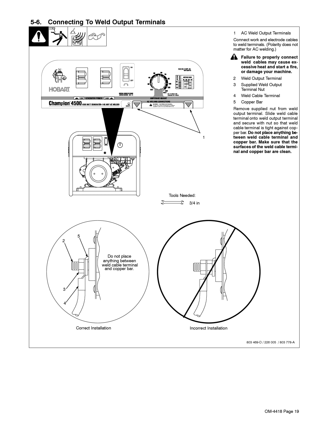 Hobart Welding Products 4500 manual Connecting To Weld Output Terminals 