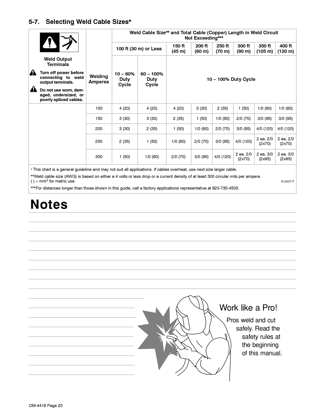 Hobart Welding Products 4500 manual Selecting Weld Cable Sizes, 150 ft 200 ft 250 ft, Connecting to weld, Output terminals 