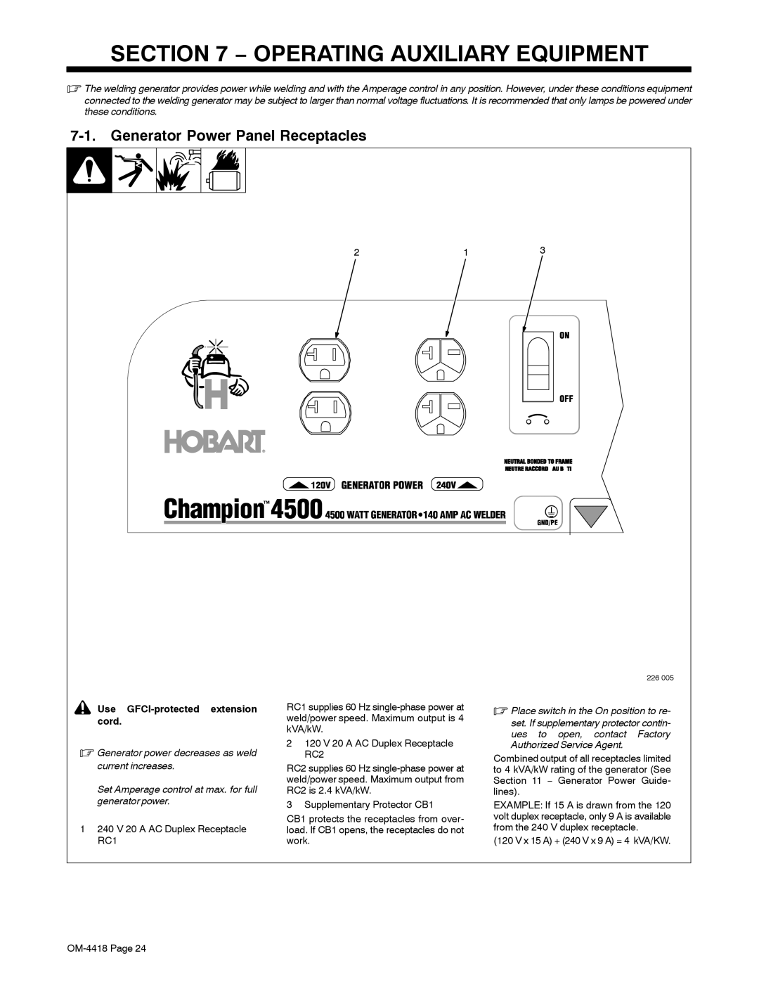 Hobart Welding Products 4500 manual Operating Auxiliary Equipment, Generator Power Panel Receptacles 