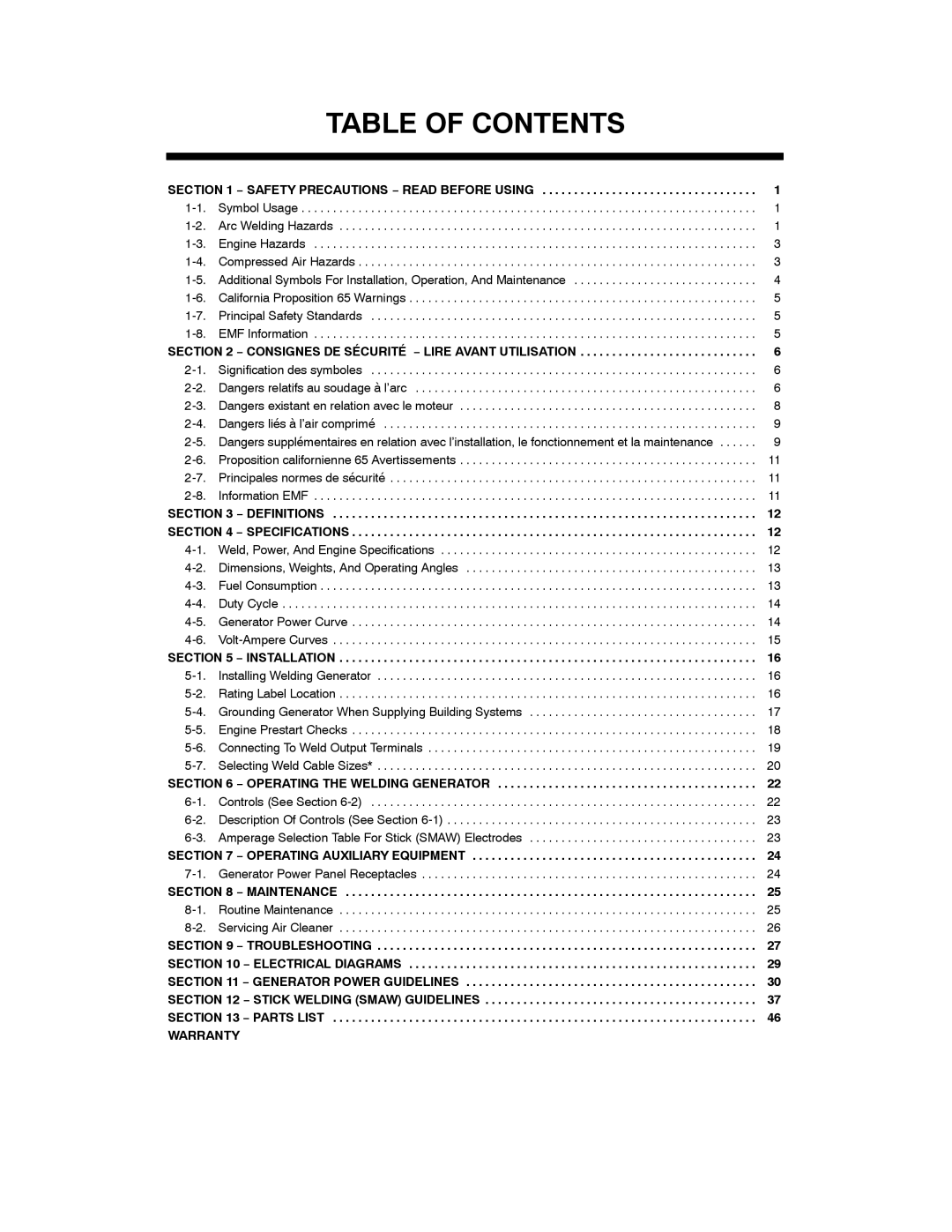 Hobart Welding Products 4500 manual Table of Contents 