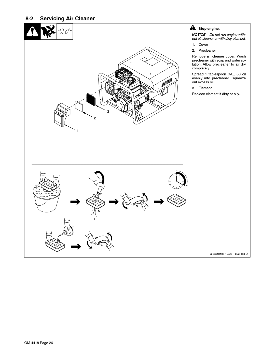 Hobart Welding Products 4500 manual Servicing Air Cleaner, Stop engine 