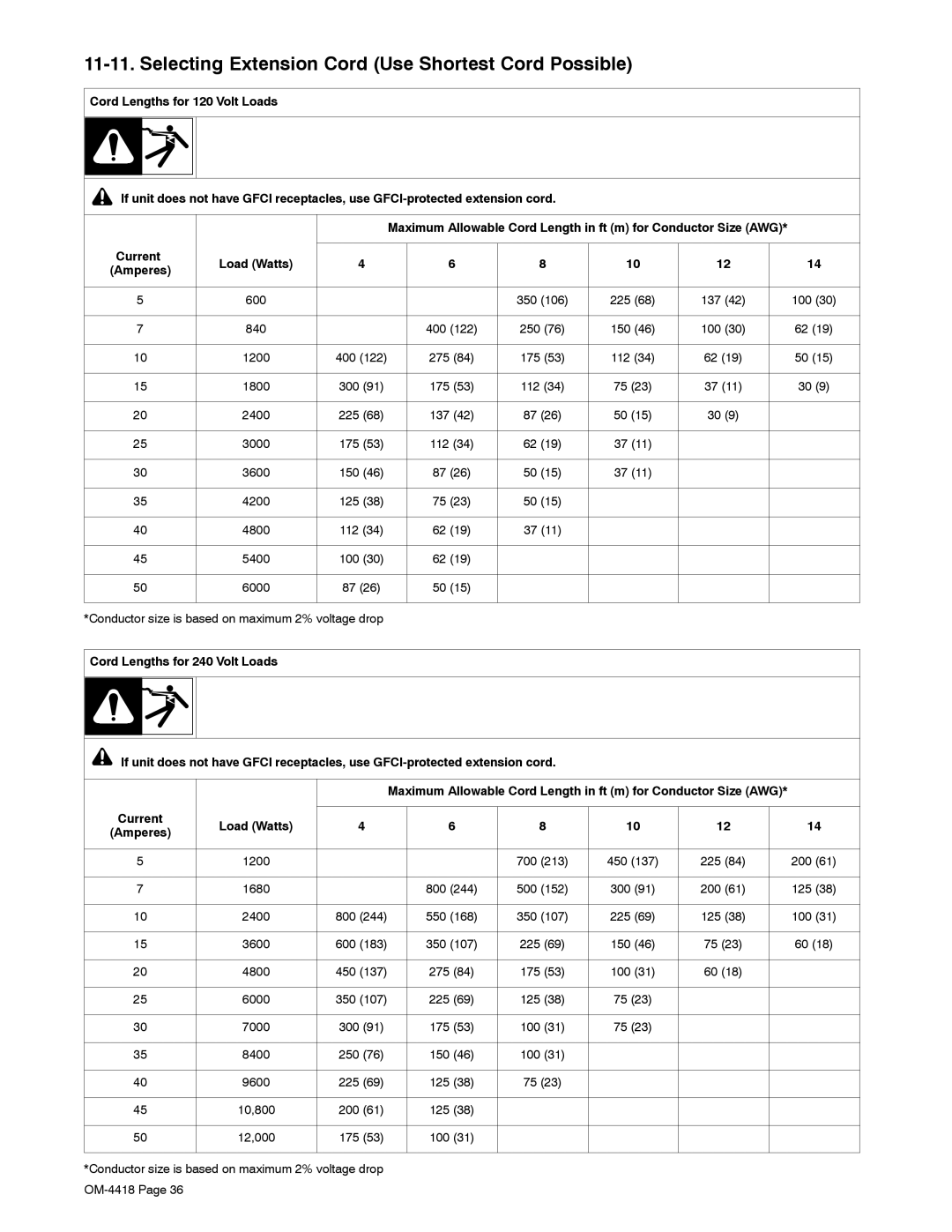 Hobart Welding Products 4500 manual Selecting Extension Cord Use Shortest Cord Possible 