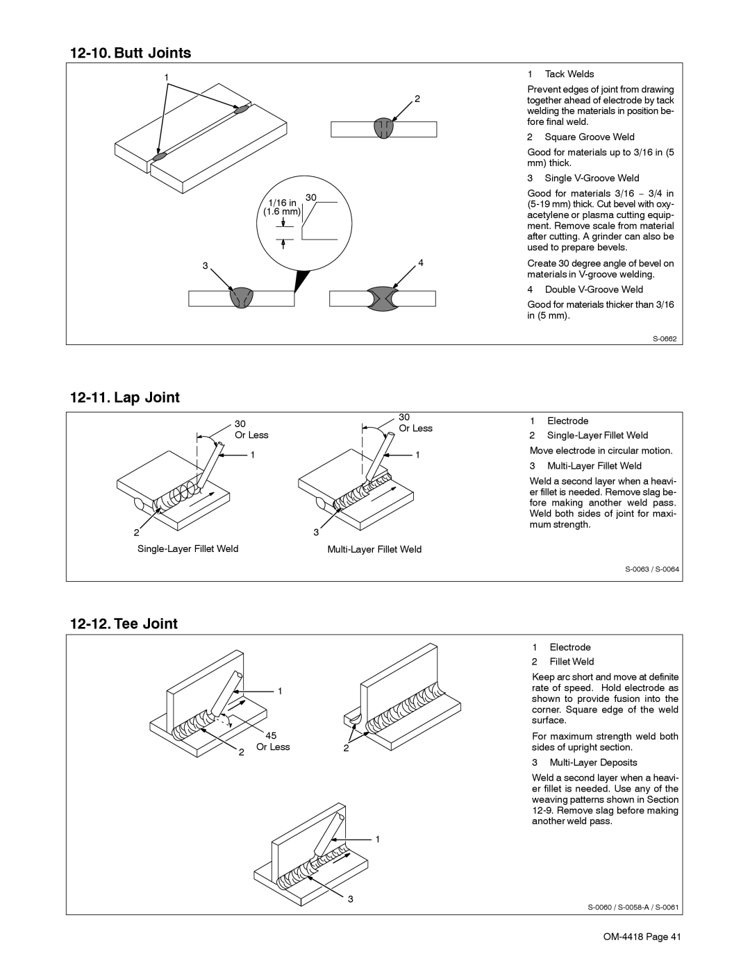 Hobart Welding Products 4500 manual Butt Joints, Lap Joint, Tee Joint, 16 in 30 1.6 mm Tack Welds, Or Less 