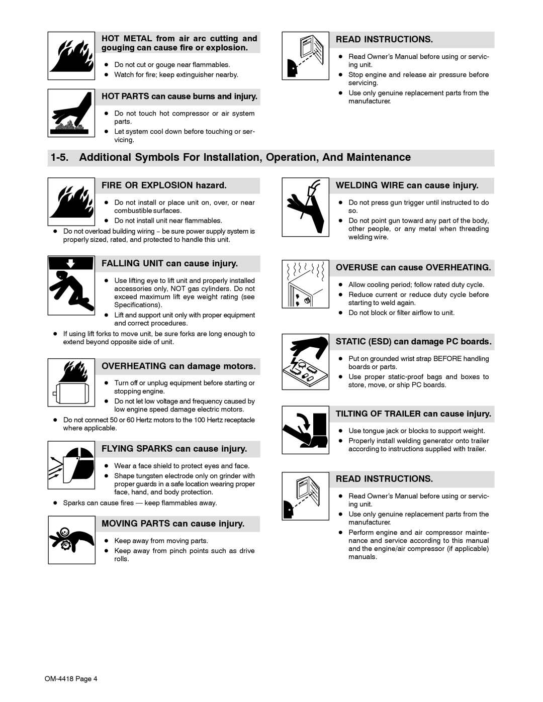 Hobart Welding Products 4500 HOT Parts can cause burns and injury, Fire or Explosion hazard, Welding Wire can cause injury 