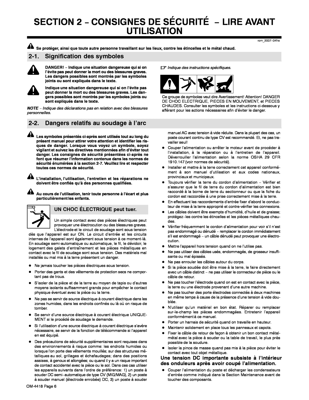 Hobart Welding Products 4500 manual Consignes De Sécurité − Lire Avant Utilisation, Signification des symboles 