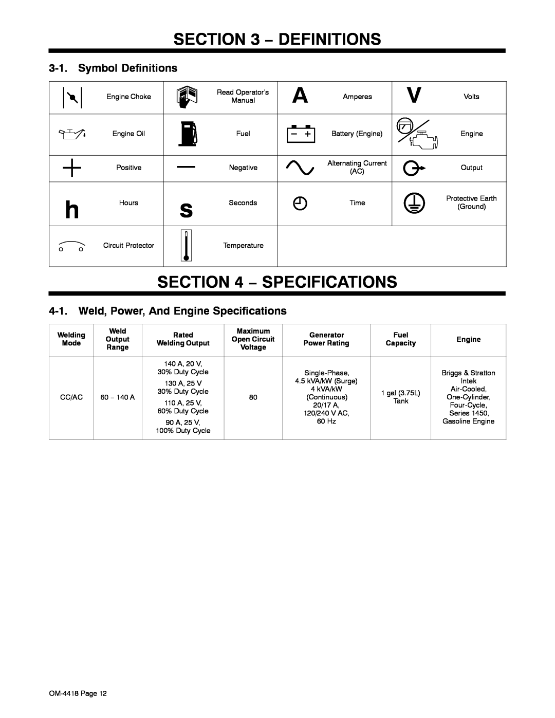 Hobart Welding Products 4500 Symbol Definitions, Weld, Power, And Engine Specifications, Welding, Rated, Maximum 