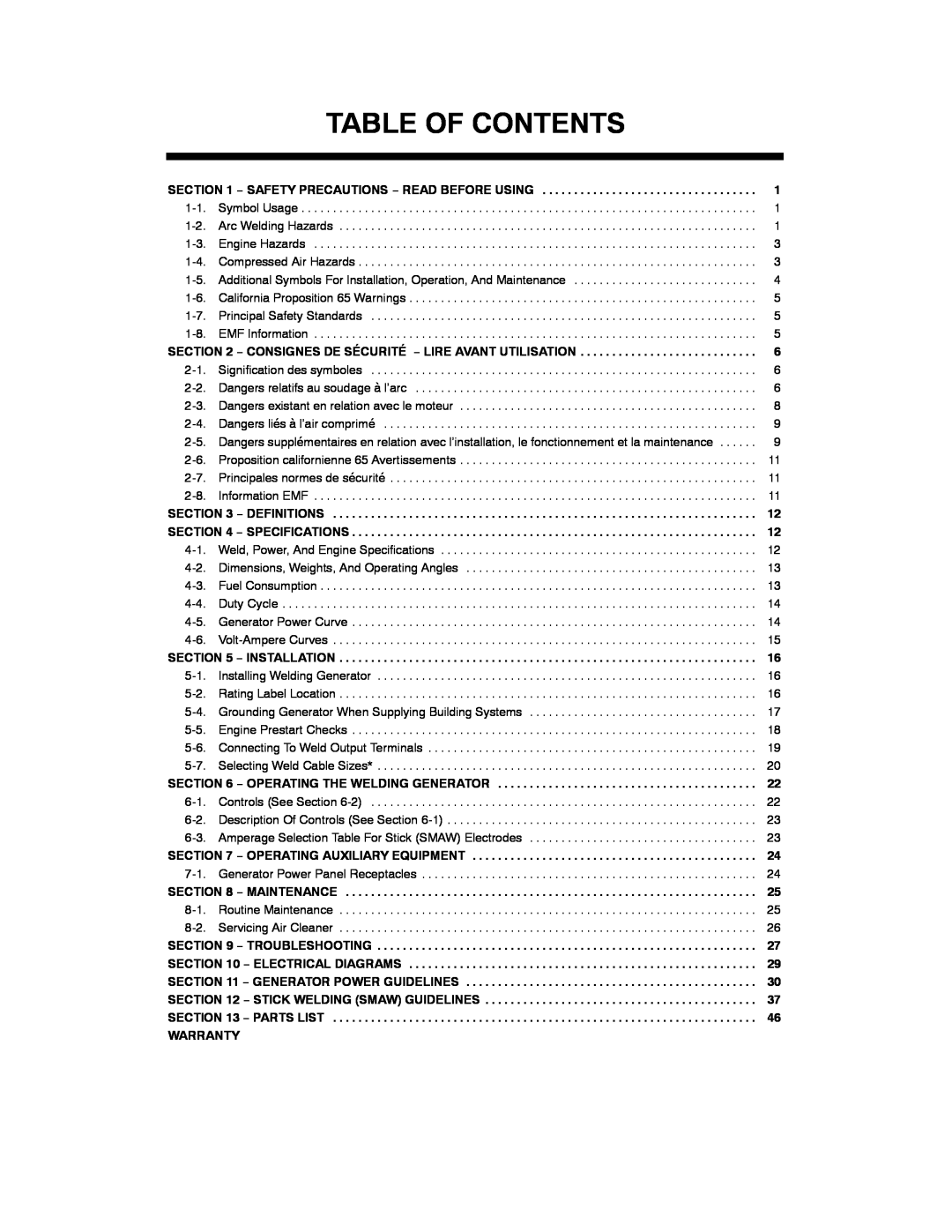 Hobart Welding Products 4500 Table Of Contents, Consignes De Sécurité − Lire Avant Utilisation, Maintenance, Warranty 