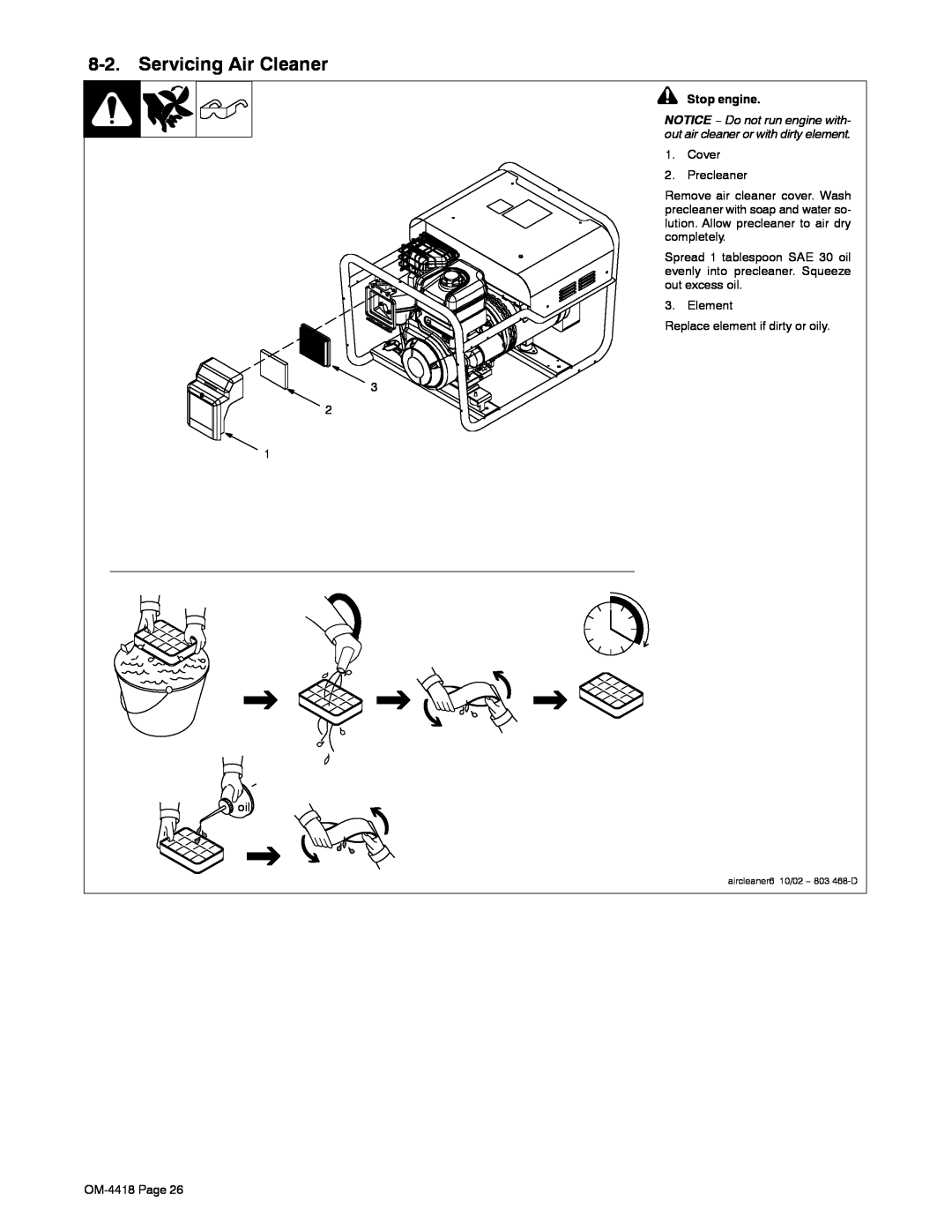 Hobart Welding Products 4500 manual Servicing Air Cleaner, Stop engine 