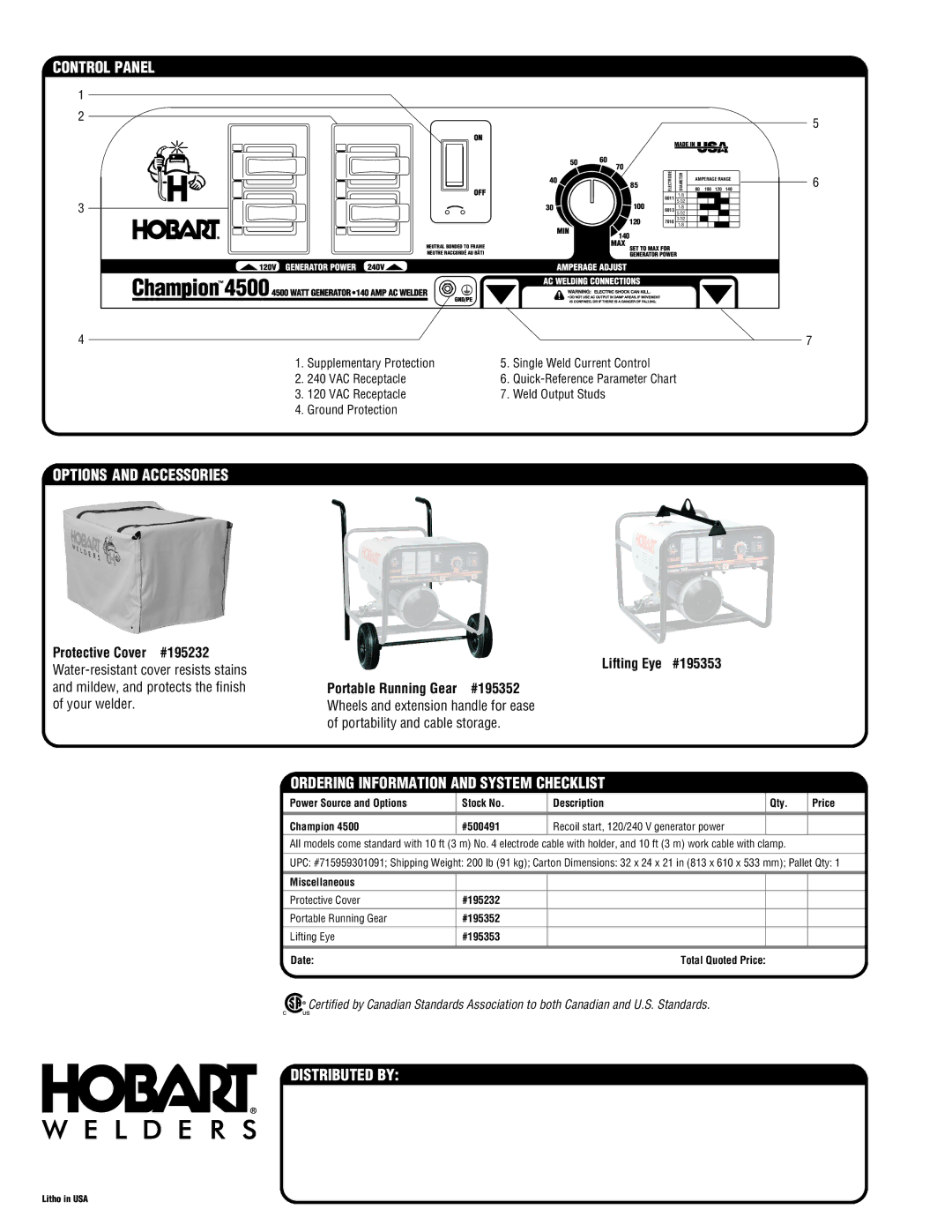 Hobart Welding Products Champion 4500 Control Panel, Options and Accessories, Ordering Information and System Checklist 