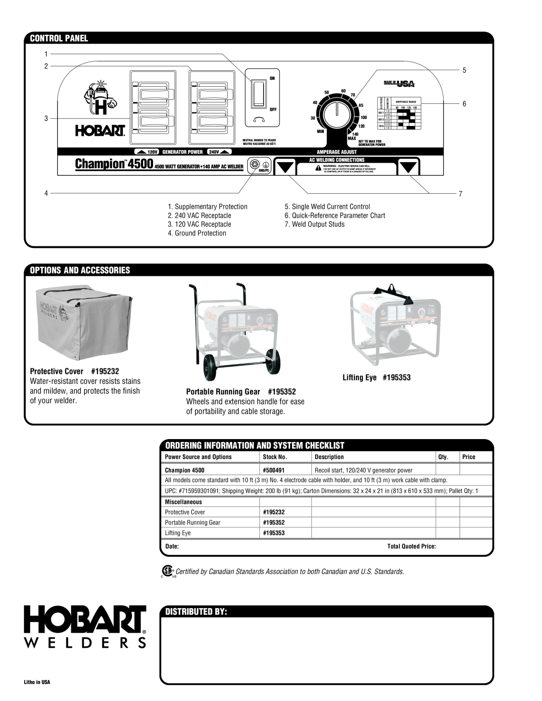 Hobart Welding Products Champion 4500 Control Panel, Options And Accessories, Ordering Information And System Checklist 