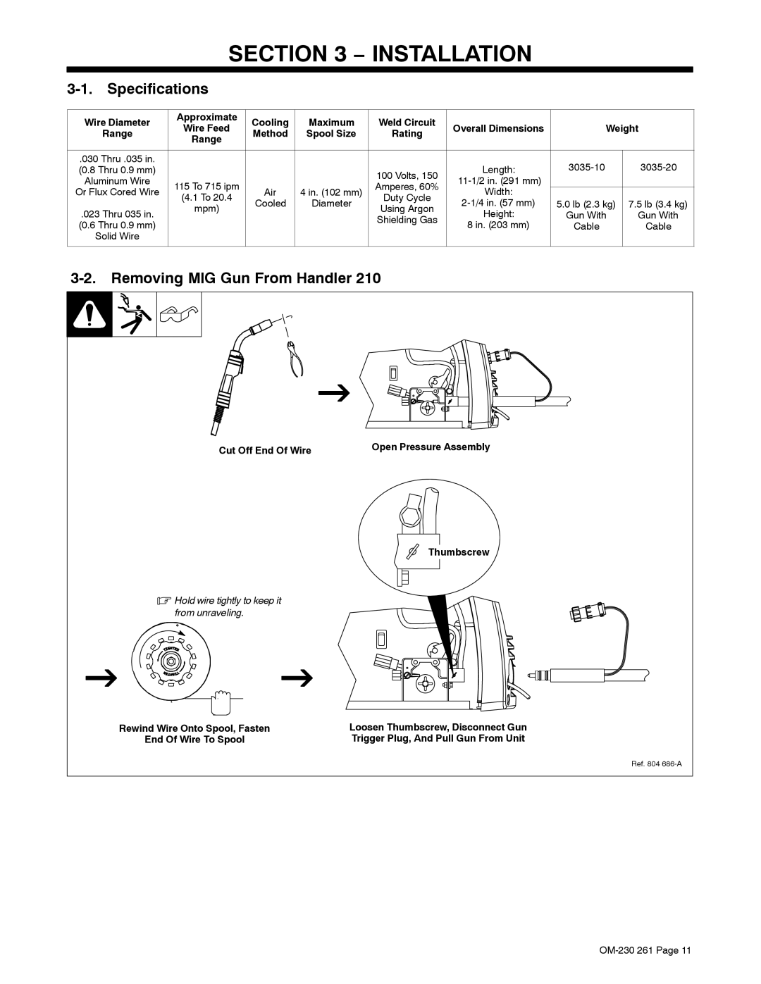 Hobart Welding Products DP 3035-20, DP 3035-10 manual Installation, Specifications, Removing MIG Gun From Handler 