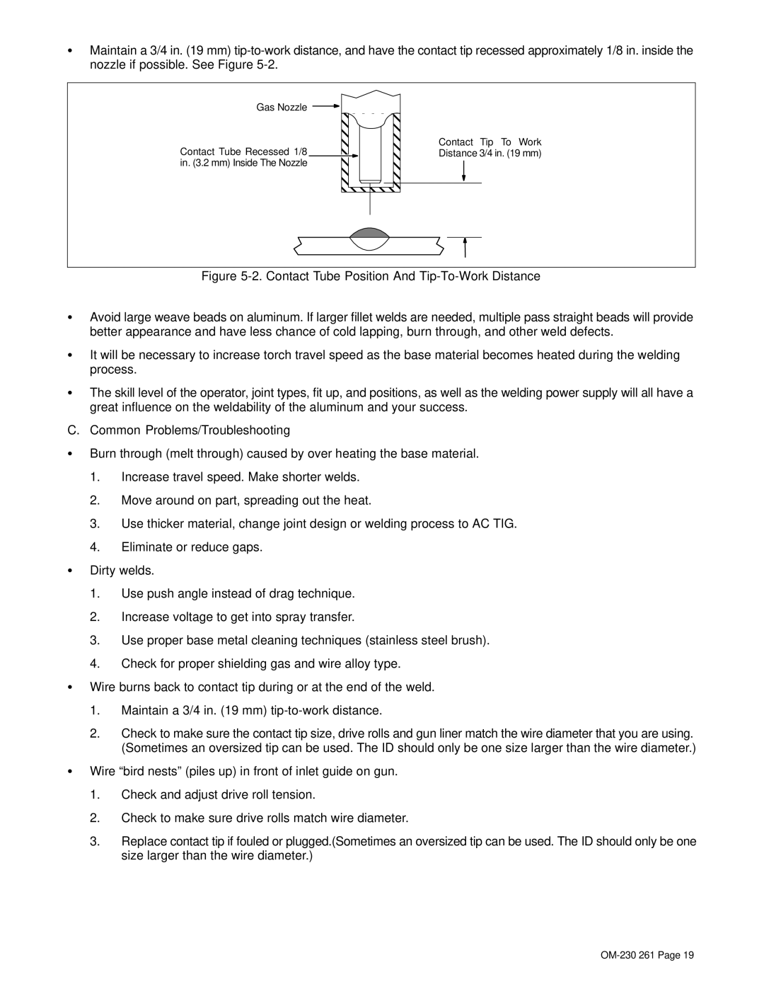 Hobart Welding Products DP 3035-20 manual Contact Tube Position And Tip-To-Work Distance, Common Problems/Troubleshooting 