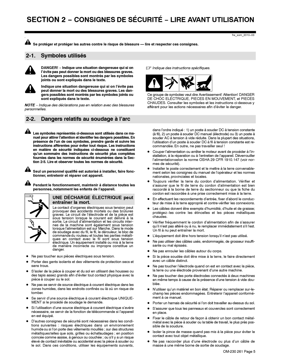 Hobart Welding Products DP 3035-20, DP 3035-10 manual Symboles utilisés, UNE Décharge Électrique peut entraîner la mort 