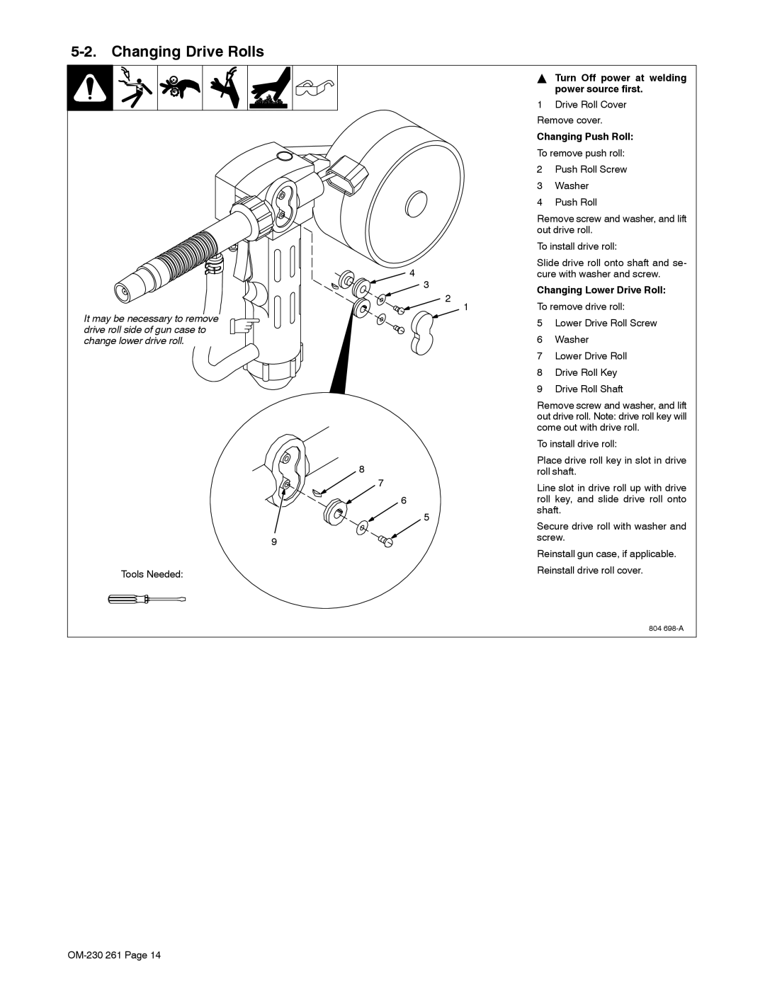 Hobart Welding Products DP-3035 manual Changing Drive Rolls, Turn Off power at welding power source first 