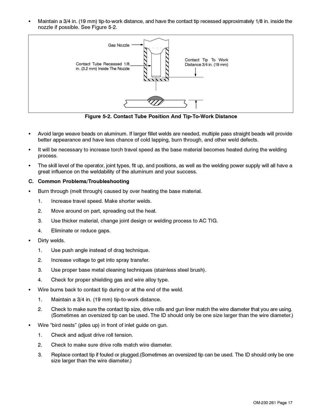 Hobart Welding Products DP-3035 manual Contact Tube Position And Tip-To-Work Distance, Common Problems/Troubleshooting 