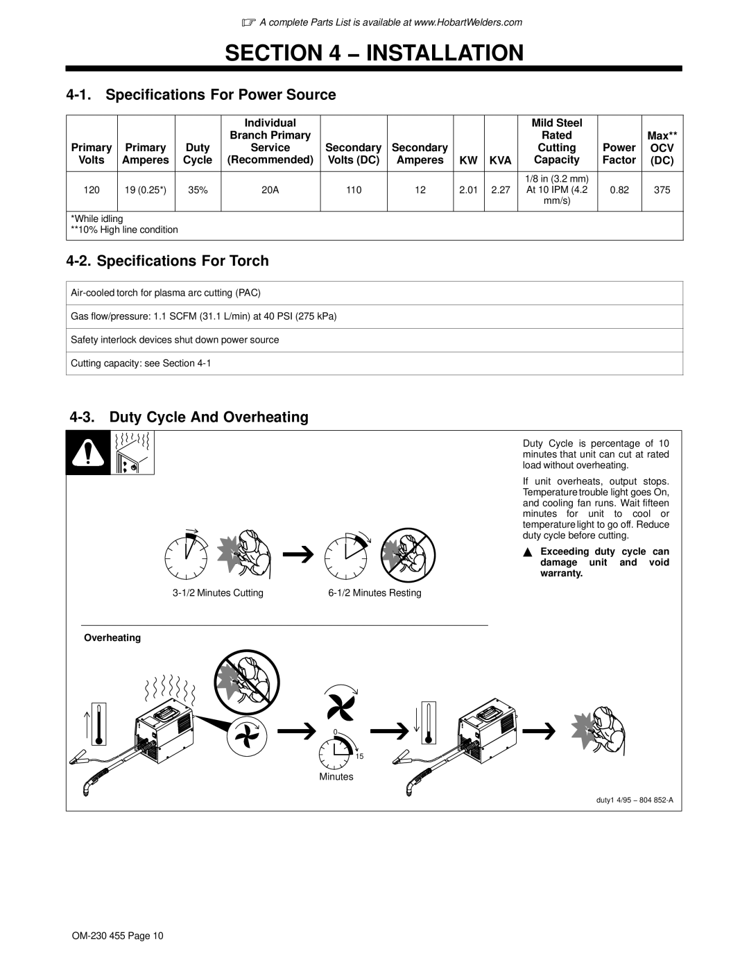 Hobart Welding Products HP-25 TORCH, 250ci manual Installation, Specifications For Power Source, Specifications For Torch 