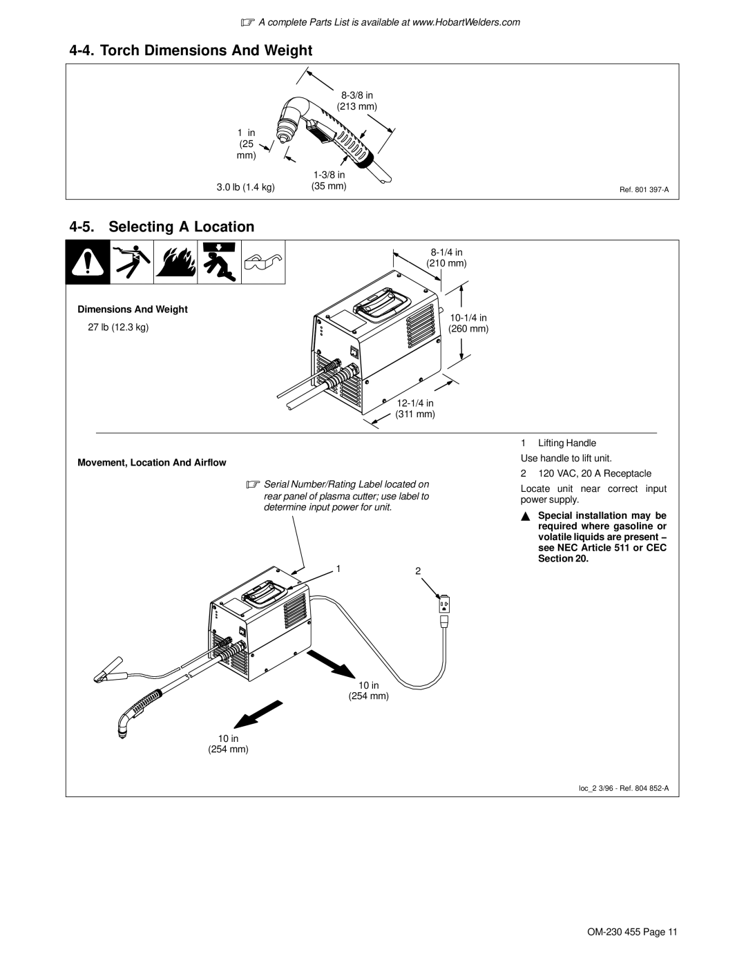 Hobart Welding Products 250ci manual Torch Dimensions And Weight, Selecting a Location, Movement, Location And Airflow 