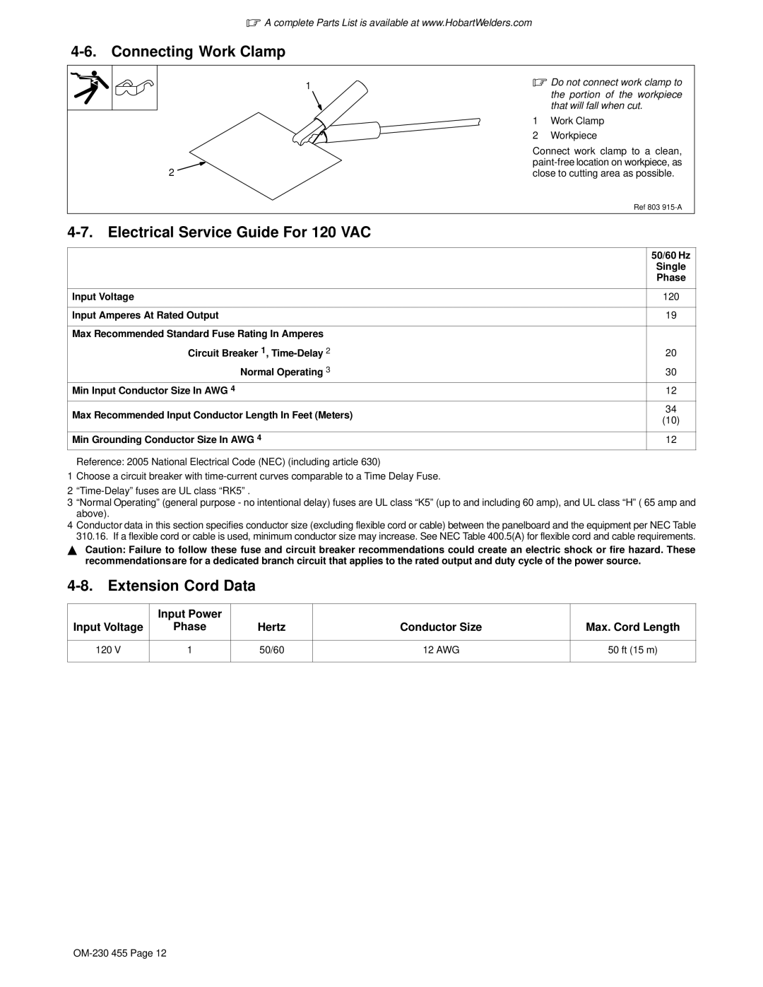 Hobart Welding Products HP-25 TORCH manual Connecting Work Clamp, Electrical Service Guide For 120 VAC, Extension Cord Data 