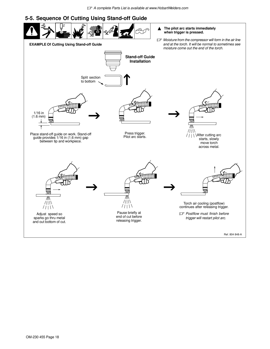 Hobart Welding Products HP-25 TORCH Sequence Of Cutting Using Stand-off Guide, Example Of Cutting Using Stand-off Guide 