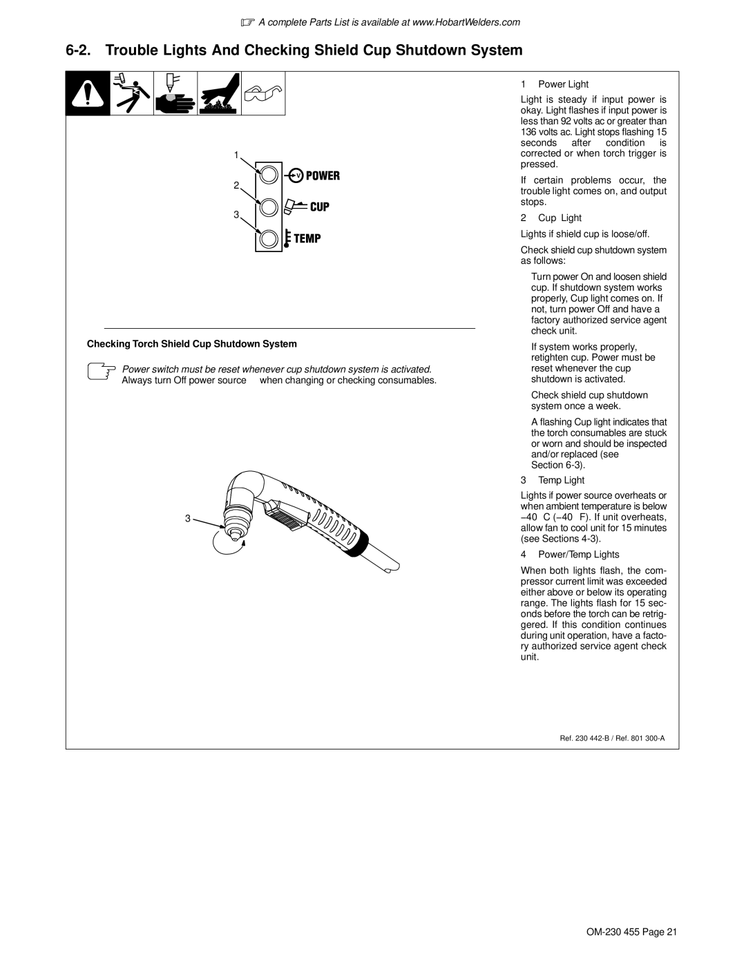 Hobart Welding Products 250ci, HP-25 TORCH manual Trouble Lights And Checking Shield Cup Shutdown System 