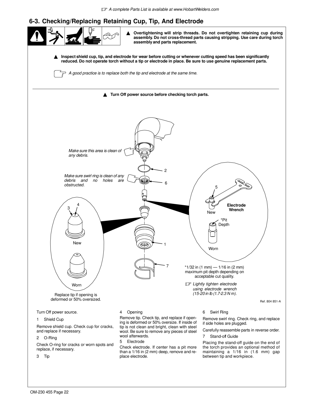 Hobart Welding Products HP-25 TORCH, 250ci manual Checking/Replacing Retaining Cup, Tip, And Electrode, Electrode Wrench 