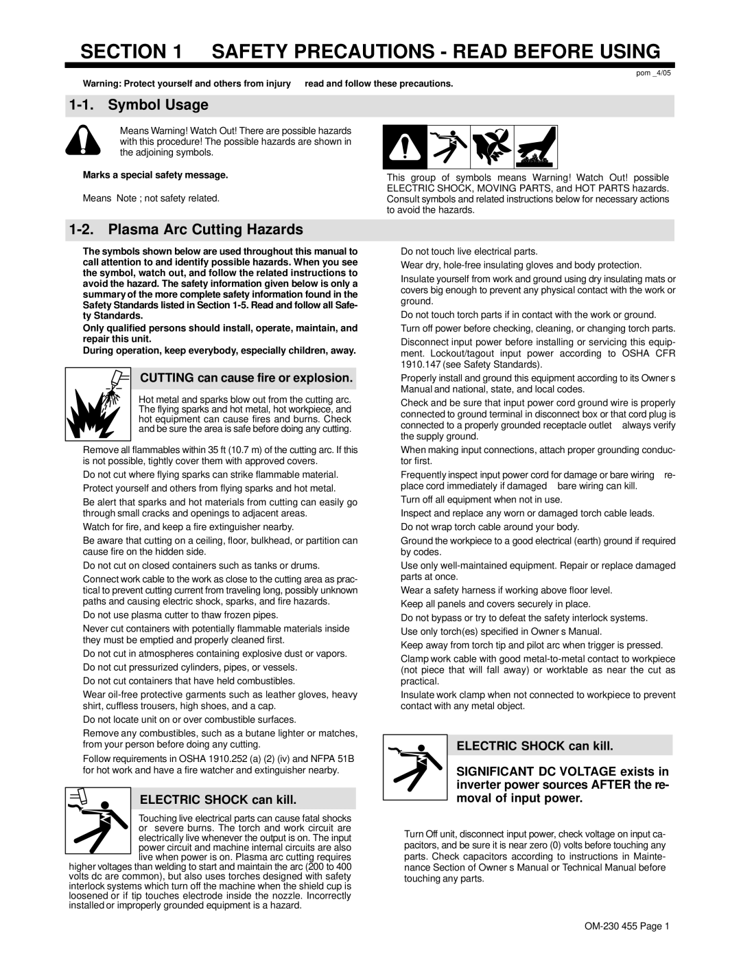 Hobart Welding Products 250ci, HP-25 TORCH Symbol Usage, Plasma Arc Cutting Hazards, Cutting can cause fire or explosion 