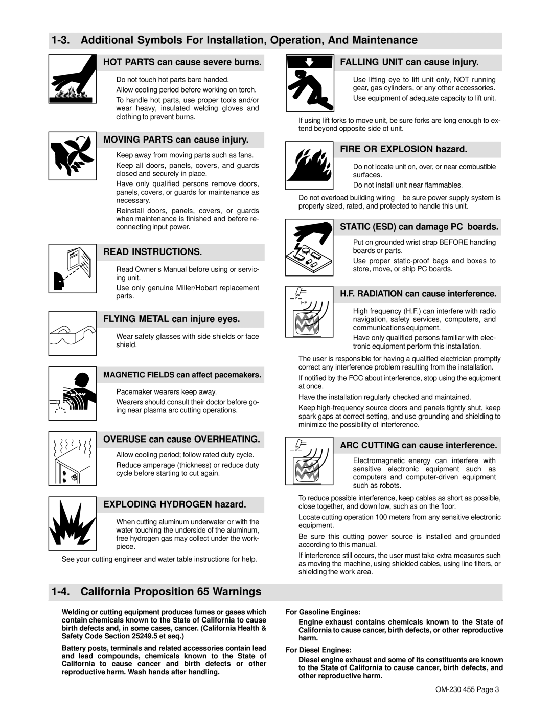 Hobart Welding Products 250ci, HP-25 TORCH manual California Proposition 65 Warnings 