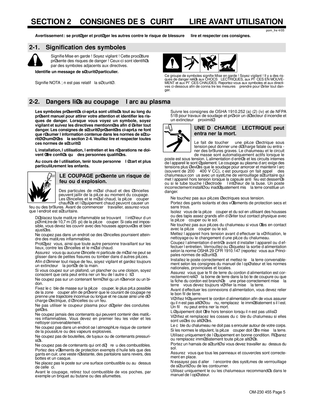 Hobart Welding Products 250ci, HP-25 TORCH Signification des symboles, LE Coupage présente un risque de feu ou d’explosion 