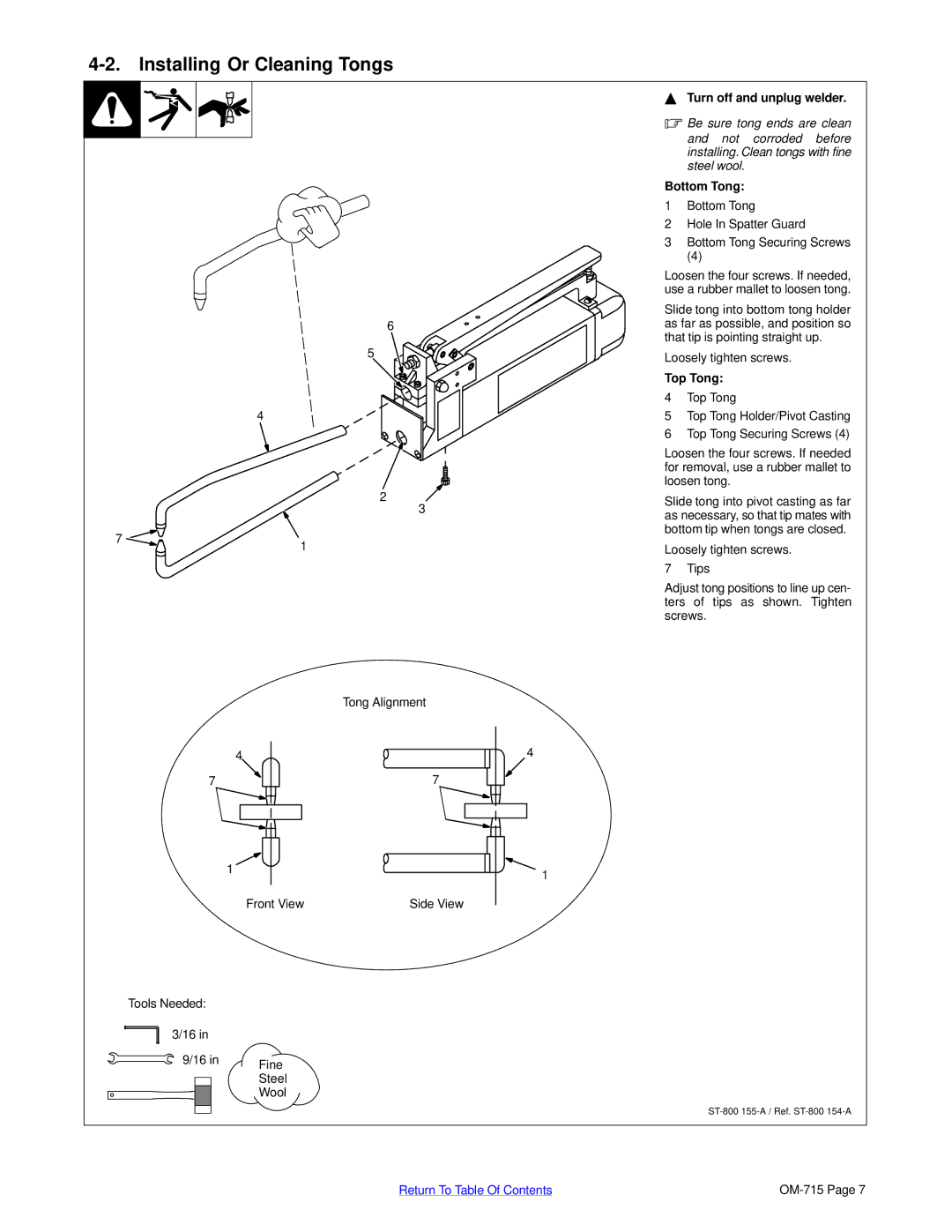 Hobart Welding Products HSW 25, HSW 15 Installing Or Cleaning Tongs, Turn off and unplug welder, Bottom Tong, Top Tong 