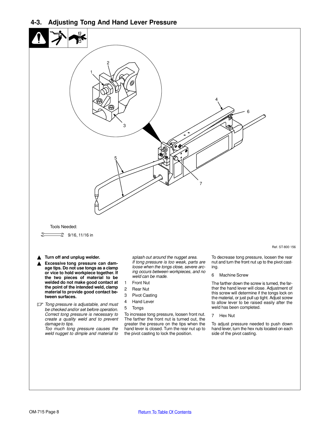 Hobart Welding Products HSW 15 Adjusting Tong And Hand Lever Pressure, Front Nut Rear Nut Pivot Casting Hand Lever Tongs 