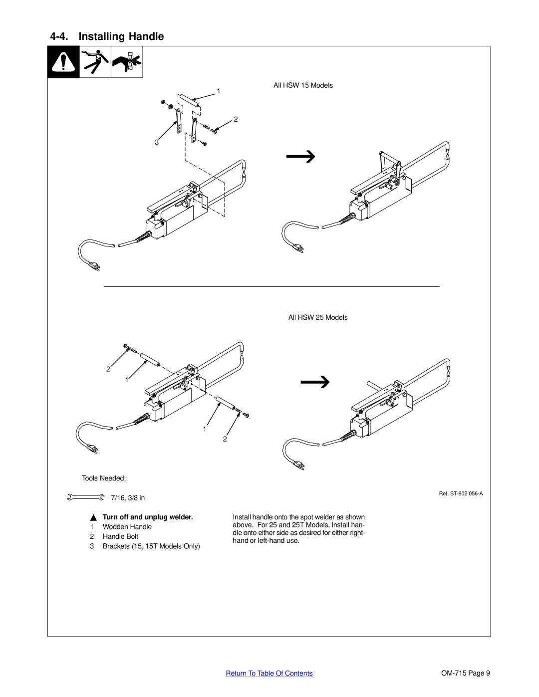 Hobart Welding Products HSW 25, HSW 15 manual Installing Handle 