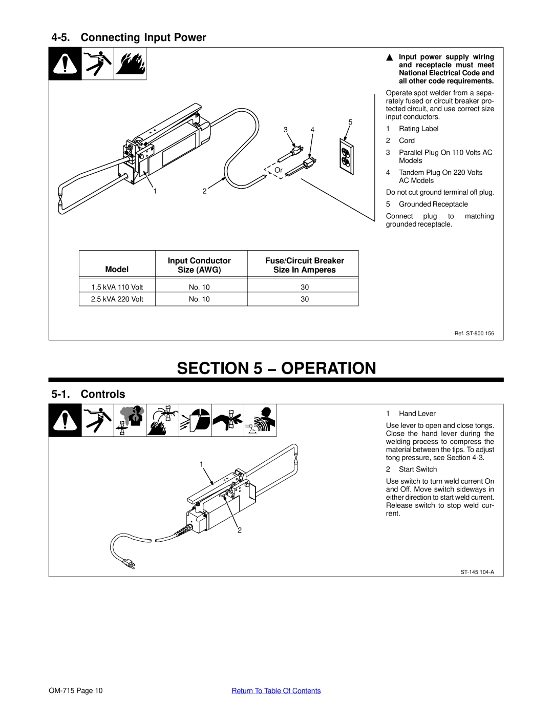 Hobart Welding Products HSW 15, HSW 25 manual Operation, Connecting Input Power, Controls 