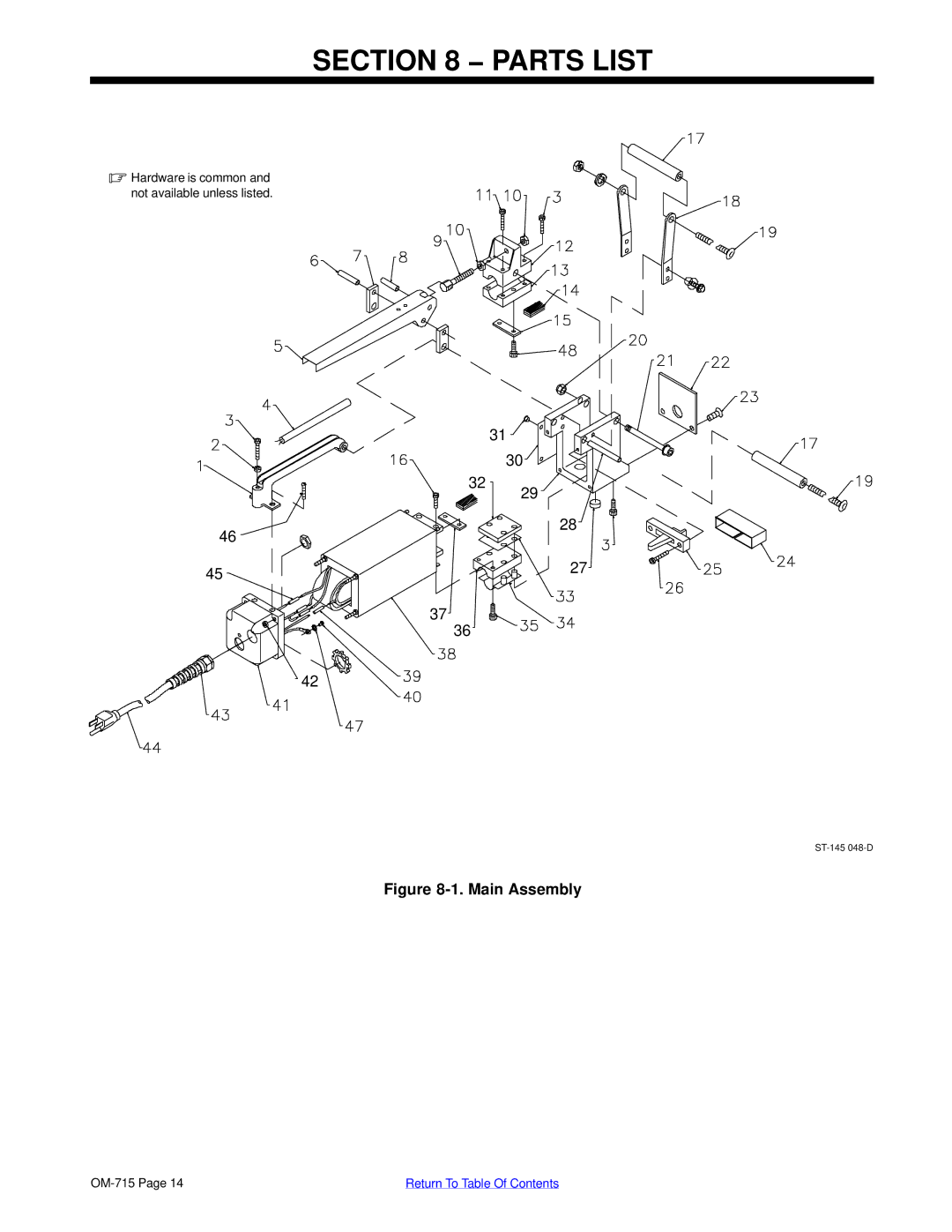 Hobart Welding Products HSW 15, HSW 25 manual Parts List, Main Assembly 