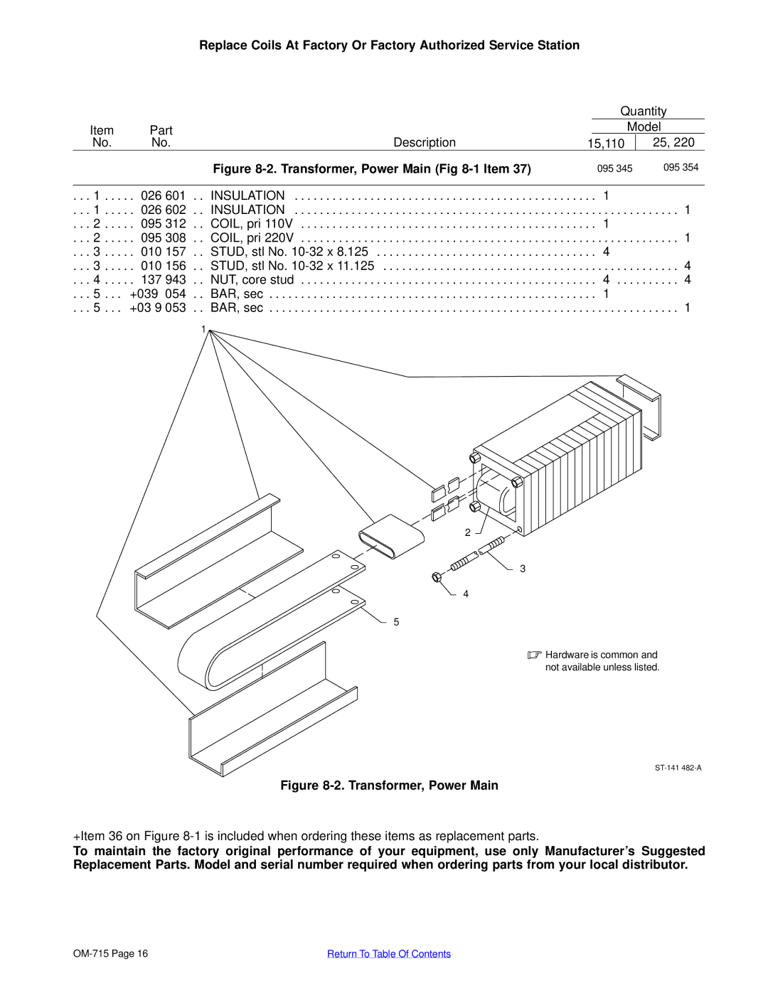 Hobart Welding Products HSW 15, HSW 25 manual Transformer, Power Main -1Item 