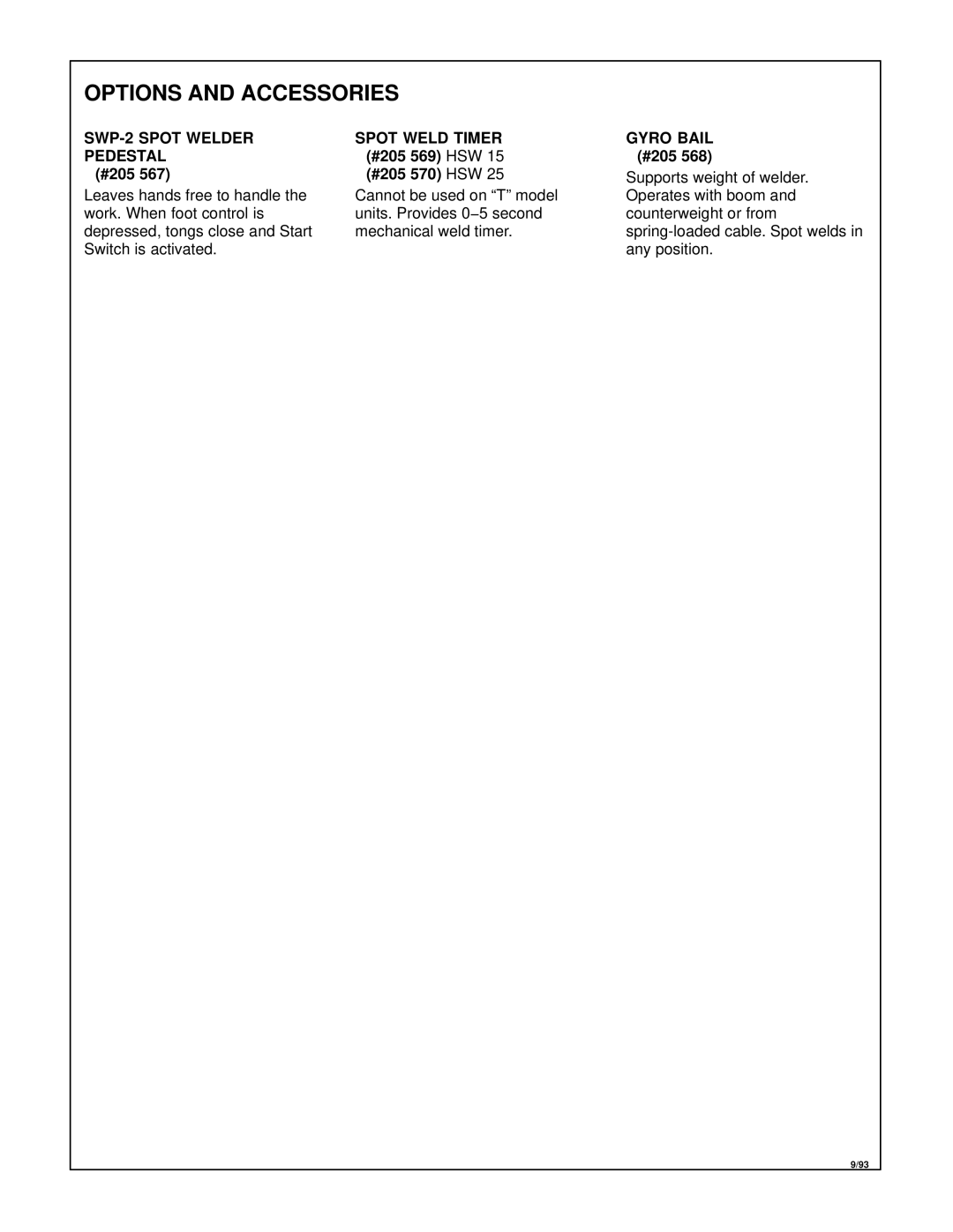Hobart Welding Products HSW 25 manual Spot Weld Timer #205 569 HSW 15 #205 570 HSW, Gyro Bail #205 