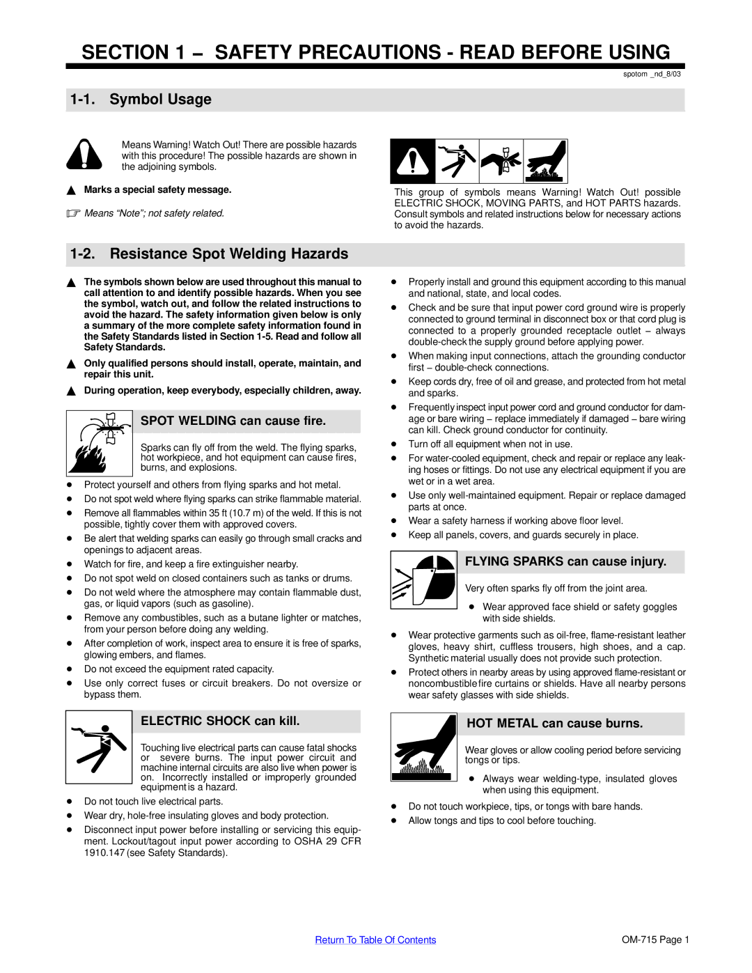 Hobart Welding Products HSW 25, HSW 15 manual Symbol Usage, Resistance Spot Welding Hazards 