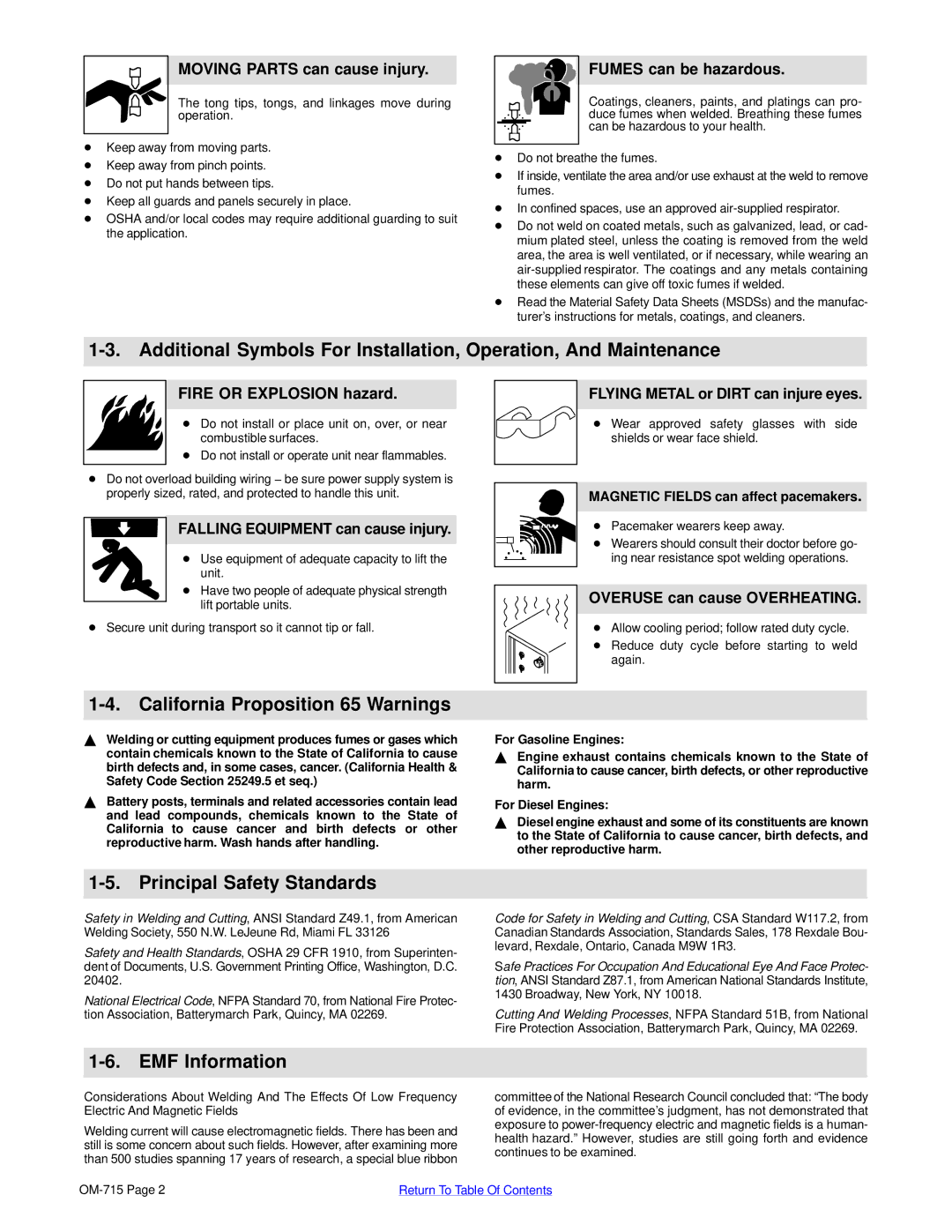 Hobart Welding Products HSW 15, HSW 25 California Proposition 65 Warnings, Principal Safety Standards, EMF Information 