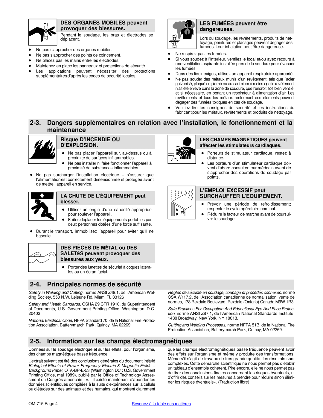 Hobart Welding Products HSW 15, HSW 25 manual Principales normes de sécurité, Information sur les champs électromagnétiques 