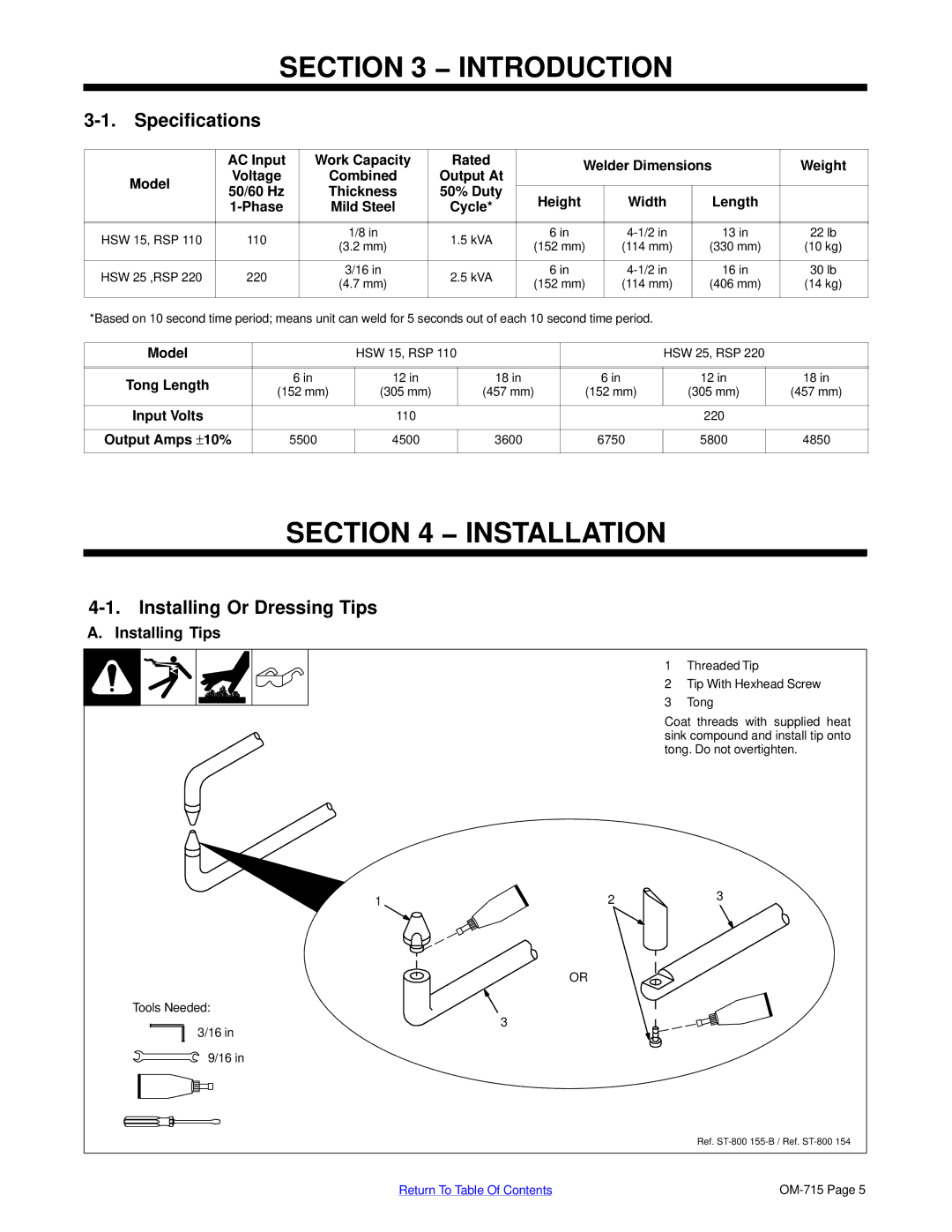 Hobart Welding Products HSW 25 Introduction, Installation, Specifications, Installing Or Dressing Tips, Installing Tips 