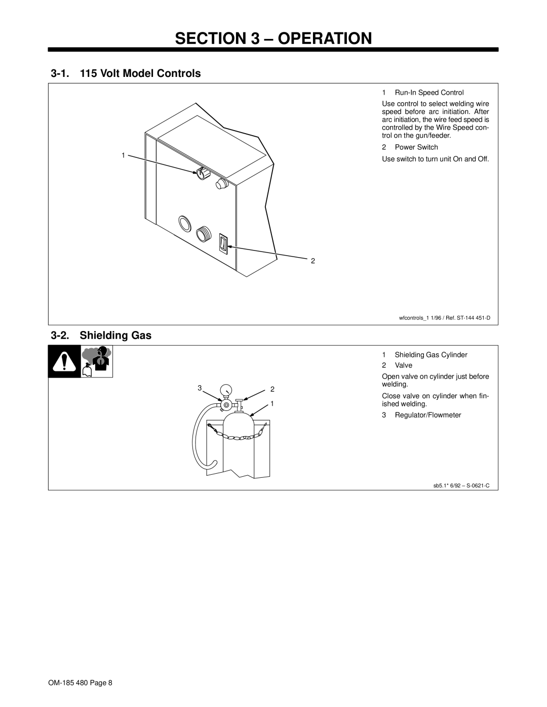 Hobart Welding Products HWC-115A manual Operation, Volt Model Controls, Shielding Gas 