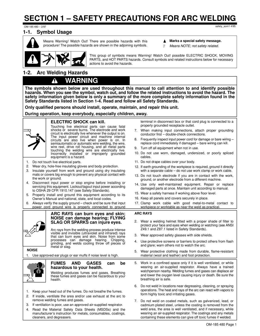 Hobart Welding Products HWC-115A manual Safety Precautions for ARC Welding, Symbol Usage, Arc Welding Hazards 