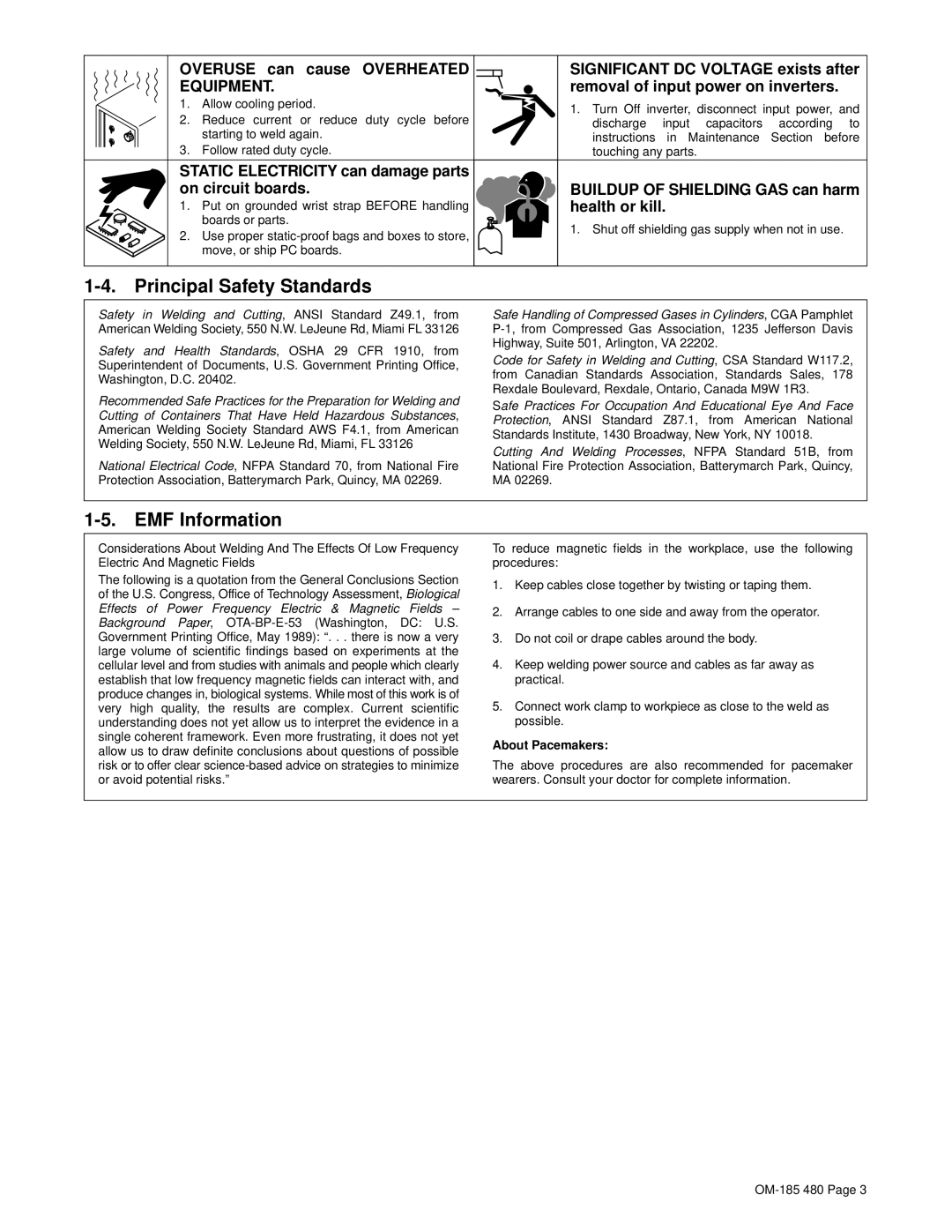 Hobart Welding Products HWC-115A manual Principal Safety Standards, EMF Information, Removal of input power on inverters 