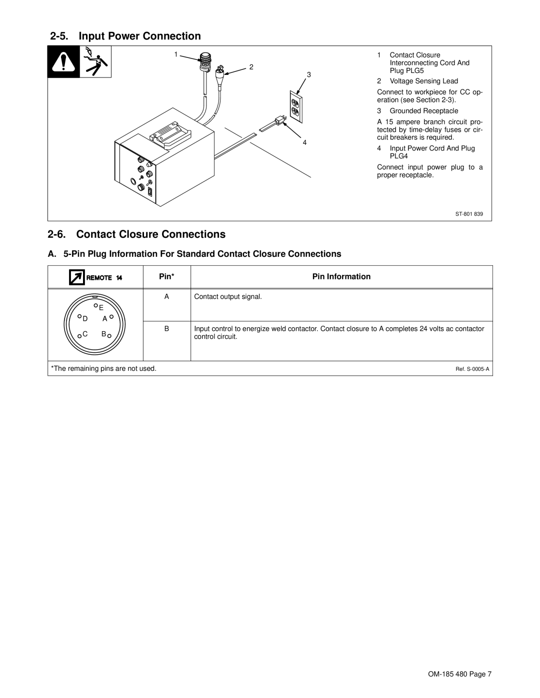 Hobart Welding Products HWC-115A manual Input Power Connection, Contact Closure Connections 